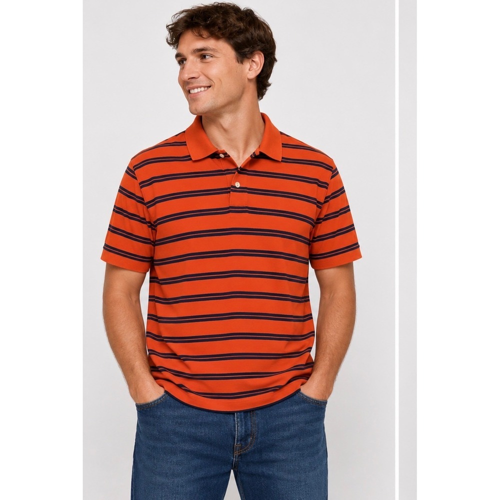 Eddie Bauer Mens Large Orange Blue Striped Short Sleeve Cotton Pique Polo Shirt